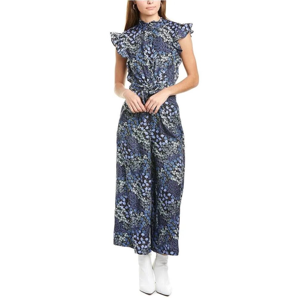 Rebecca Taylor Ava Silk Navy Blue Floral Print Crop Wide Leg Jumpsuit‎ Size 2
